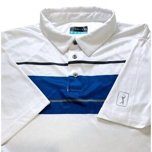PGA TOUR Mens XL White Blue Stripe Golf Polo Shirt Short Sleeve Performance Tech